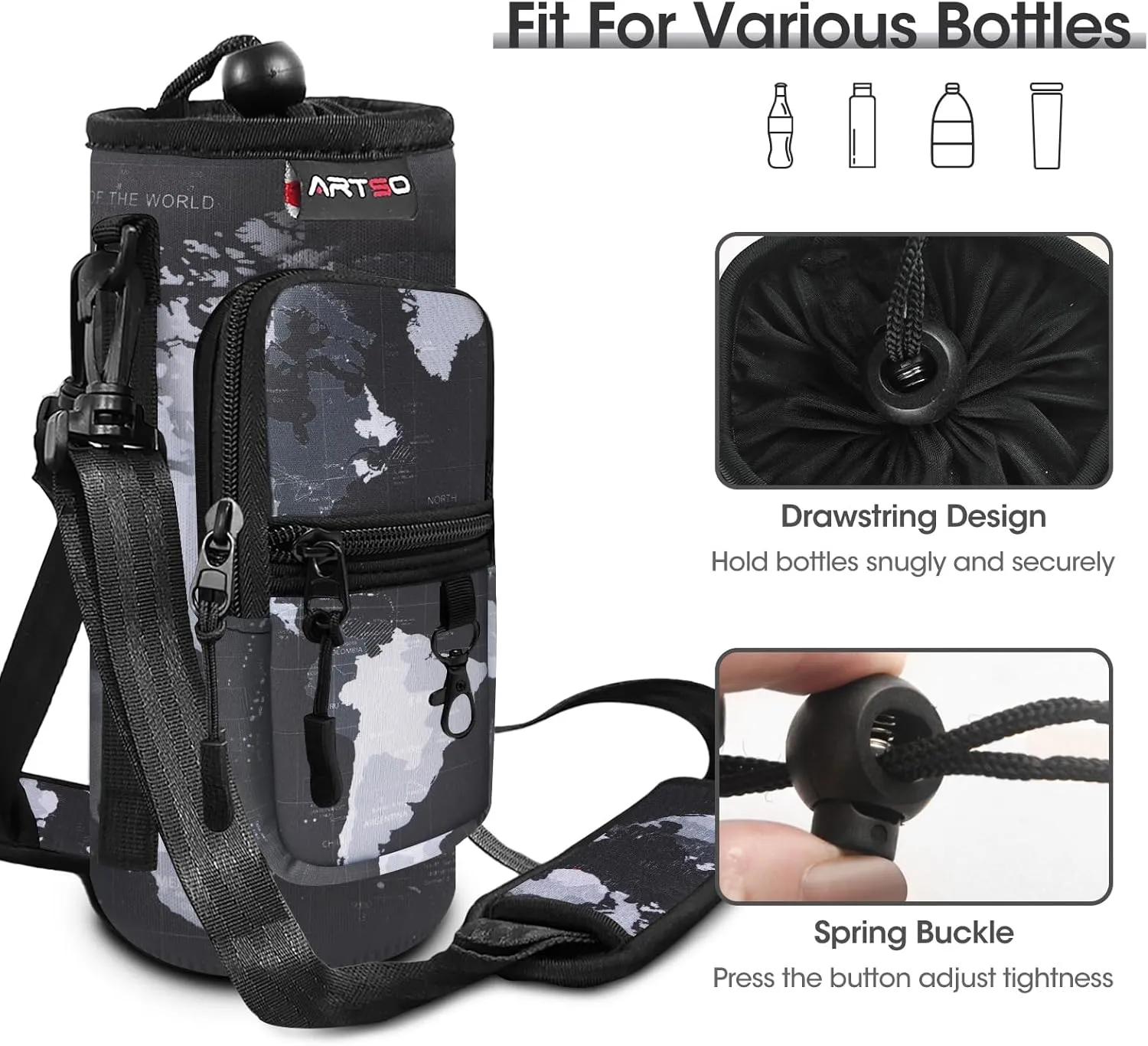 ARTSO Water Bottle Carrier Bag Sling Holder Pouch, 25oz 32oz 40oz 64oz Insulated Water Bottle Sleeve Case Cover with Adjustable Shoulder Hand Strap Pocket for Men Women, World Map