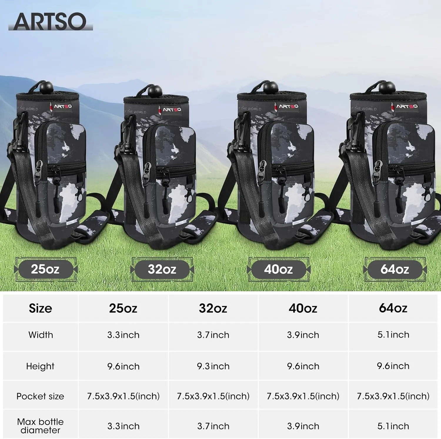 ARTSO Water Bottle Carrier Bag Sling Holder Pouch, 25oz 32oz 40oz 64oz Insulated Water Bottle Sleeve Case Cover with Adjustable Shoulder Hand Strap Pocket for Men Women, World Map
