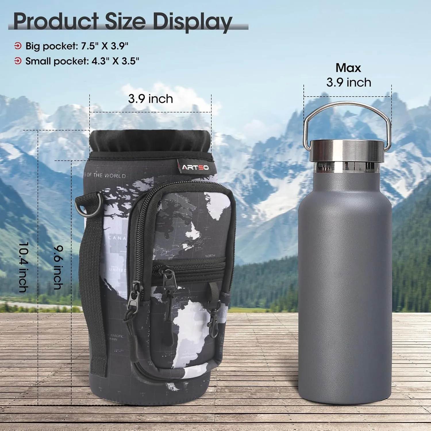 ARTSO Water Bottle Carrier Bag Sling Holder Pouch, 25oz 32oz 40oz 64oz Insulated Water Bottle Sleeve Case Cover with Adjustable Shoulder Hand Strap Pocket for Men Women, World Map