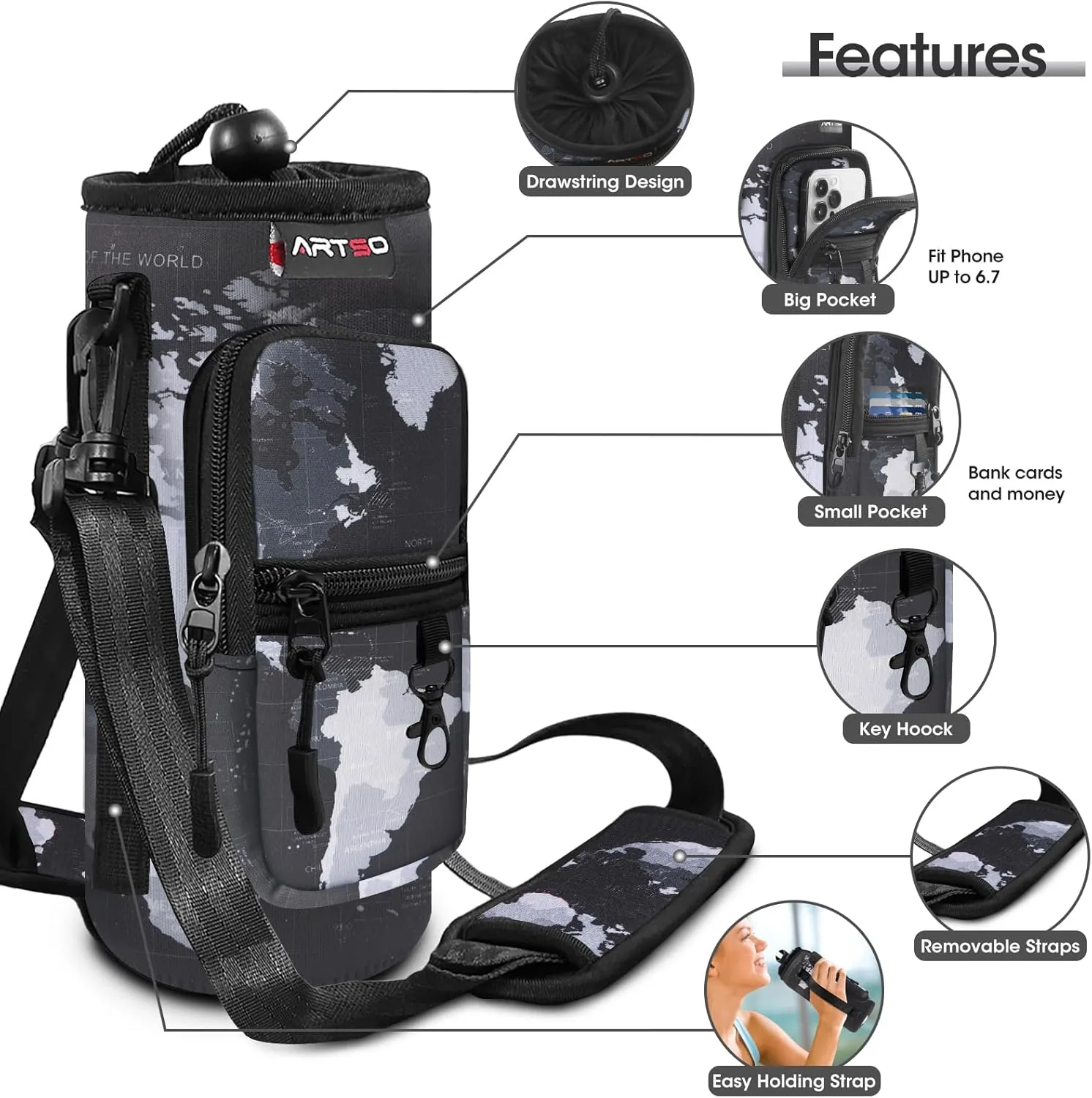 ARTSO Water Bottle Carrier Bag Sling Holder Pouch, 25oz 32oz 40oz 64oz Insulated Water Bottle Sleeve Case Cover with Adjustable Shoulder Hand Strap Pocket for Men Women, World Map