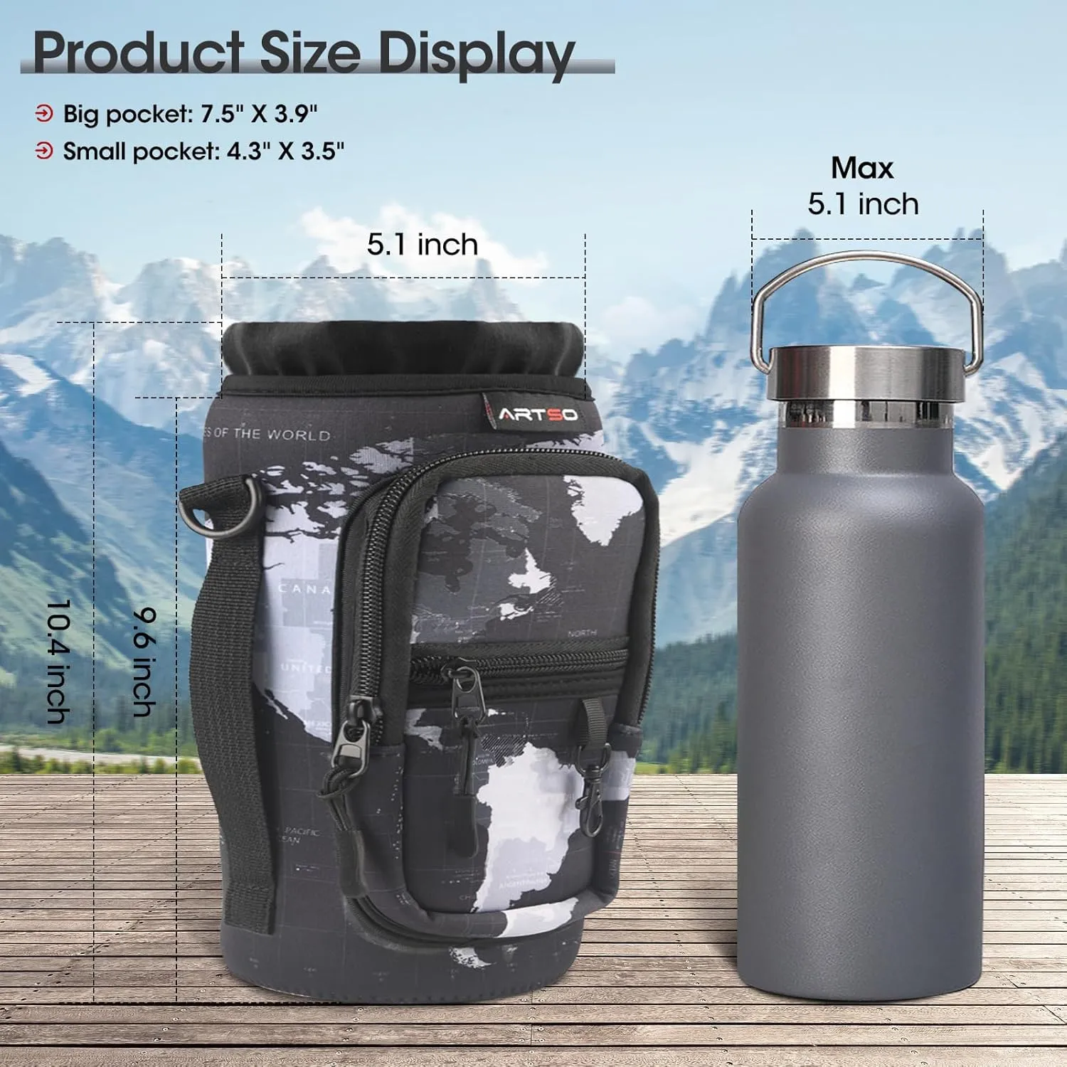 ARTSO Water Bottle Carrier Bag Sling Holder Pouch, 25oz 32oz 40oz 64oz Insulated Water Bottle Sleeve Case Cover with Adjustable Shoulder Hand Strap Pocket for Men Women, World Map