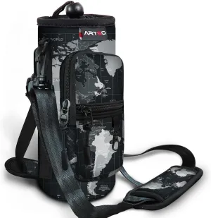 ARTSO Water Bottle Carrier Bag Sling Holder Pouch, 25oz 32oz 40oz 64oz Insulated Water Bottle Sleeve Case Cover with Adjustable Shoulder Hand Strap Pocket for Men Women, World Map