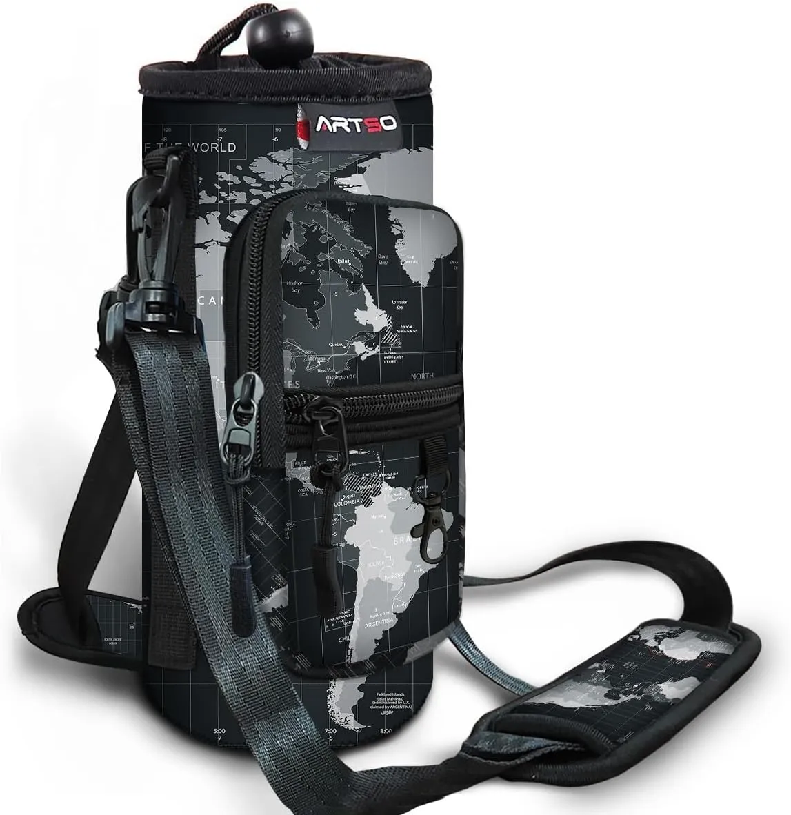 ARTSO Water Bottle Carrier Bag Sling Holder Pouch, 25oz 32oz 40oz 64oz Insulated Water Bottle Sleeve Case Cover with Adjustable Shoulder Hand Strap Pocket for Men Women, World Map