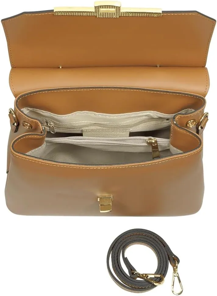 Atlanta Top Handle Satchel Bag, Genuine Leather, 10.6 x 8.7 x 4.7 inches, Gold Hardware