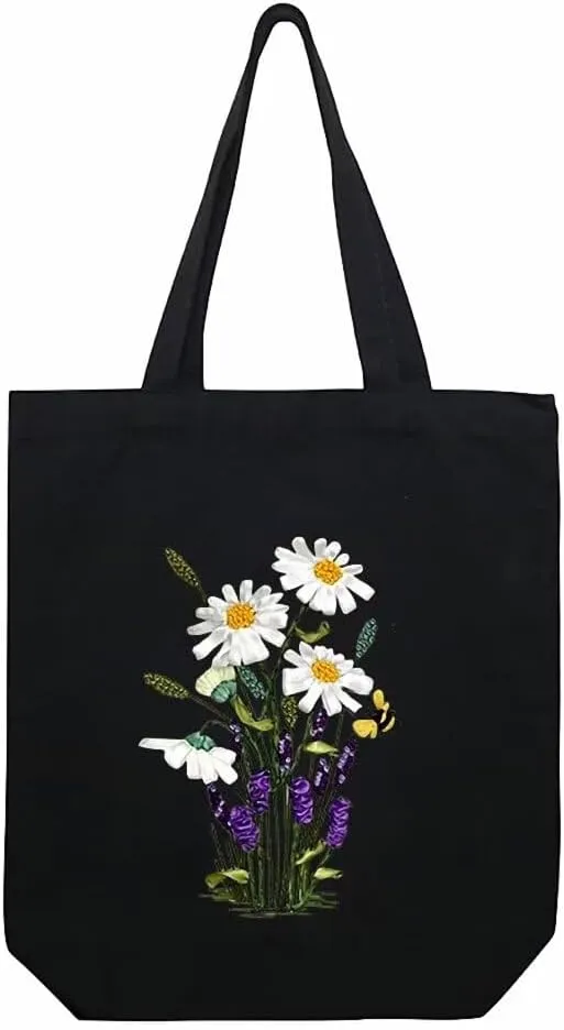 ATOLY Canvas Tote Bag Embroidery Kit with Pattern for Beginners, DIY Embroidery Kits Include Embroidery Bag, Embroidery Hoops, Color Threads, Embroidery Needles and Instruction (Flowers)