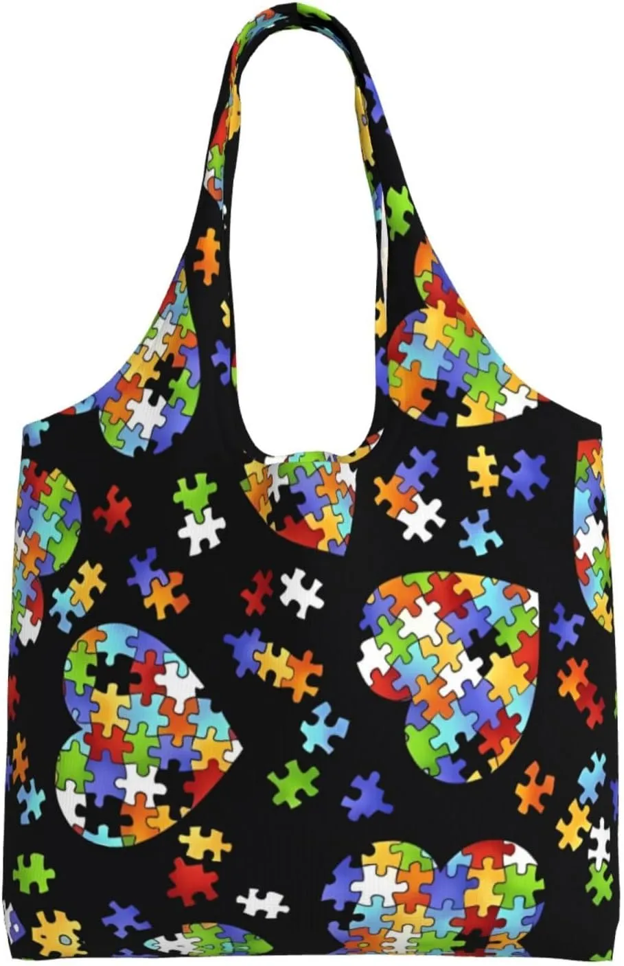 Autism Awareness Puzzle Pieces Heart Printed Canvas Tote Bag for Women, Reusable Tote Shoulder Bag with Large Capacity, Stylish Grocery Bags for Shopping, Travel & Daily Use