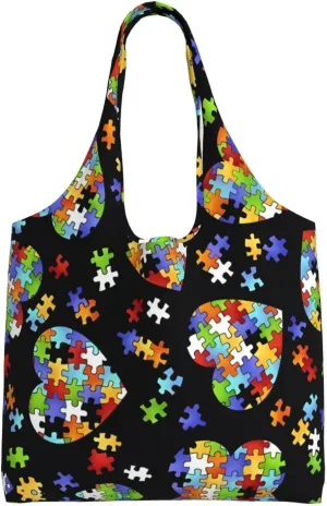 Autism Awareness Puzzle Pieces Heart Printed Canvas Tote Bag for Women, Reusable Tote Shoulder Bag with Large Capacity, Stylish Grocery Bags for Shopping, Travel & Daily Use