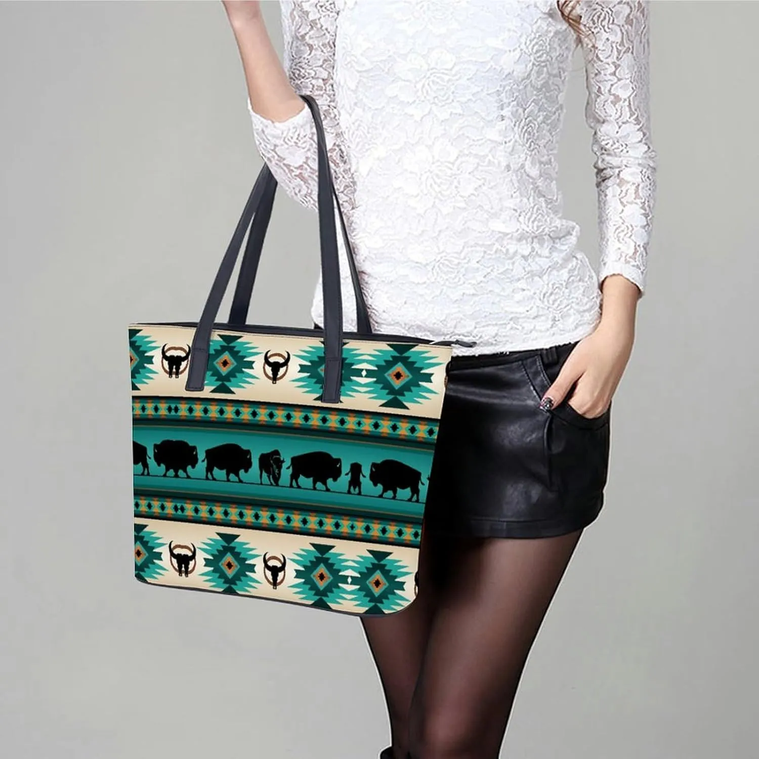 Aztec Geometric Ethnic Patterns Leather Handbag Smooth Wrinkle Resistant Lightweight And Convenient