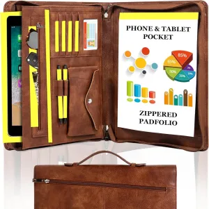 AZXCG portfolio binder,Vegan Pu Leather Padfolio for Men and Women,Organizer Binder with Zippered, A4 Notepad Holder, Fits 13.3" iPad, Portable Portfolio with Handle and Business Card - Vintage Brown