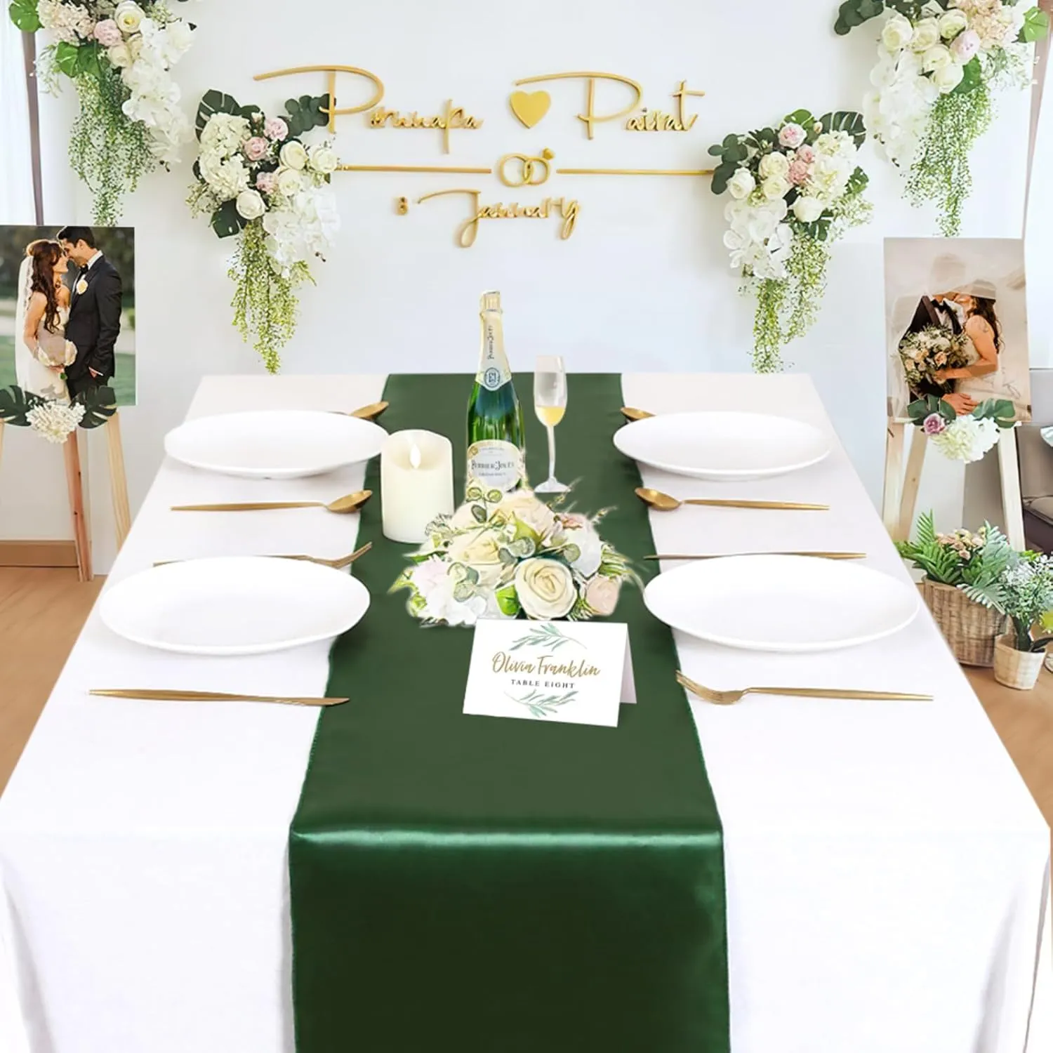 B-COOL Wedding Table Runners Set of 10 Satin Table Runner Forest Green 12x108 inch Smooth Silky Summer Table Runner for Wedding Brithday Reception Party Banquet Decoration