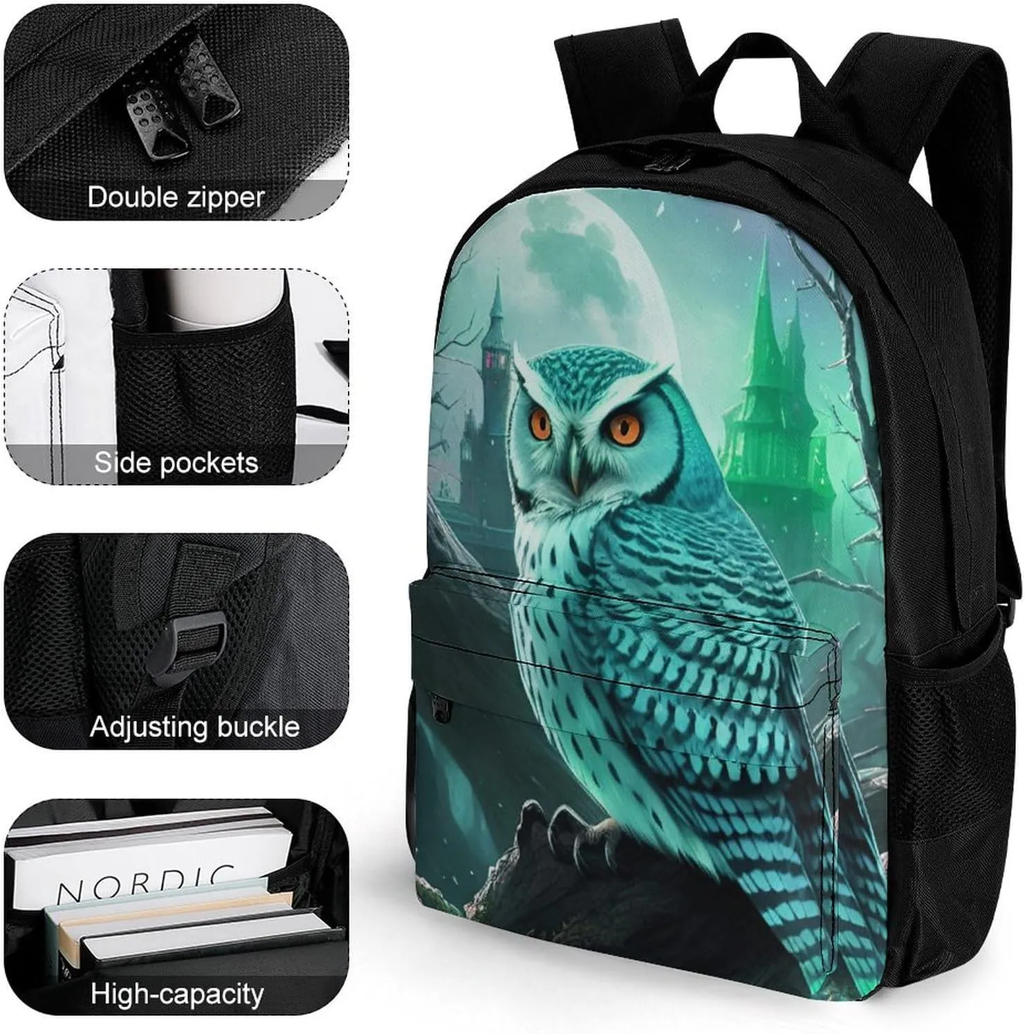 Backpack Anti-Theft Multipurpose Large Capacity Carry On Bag - Fantasy Beautiful Owls Art Camping Outdoor Backpack With Side Pockets