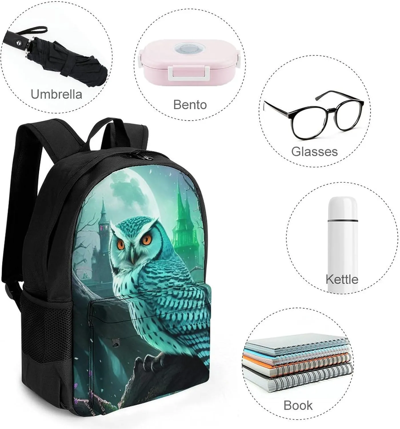 Backpack Anti-Theft Multipurpose Large Capacity Carry On Bag - Fantasy Beautiful Owls Art Camping Outdoor Backpack With Side Pockets
