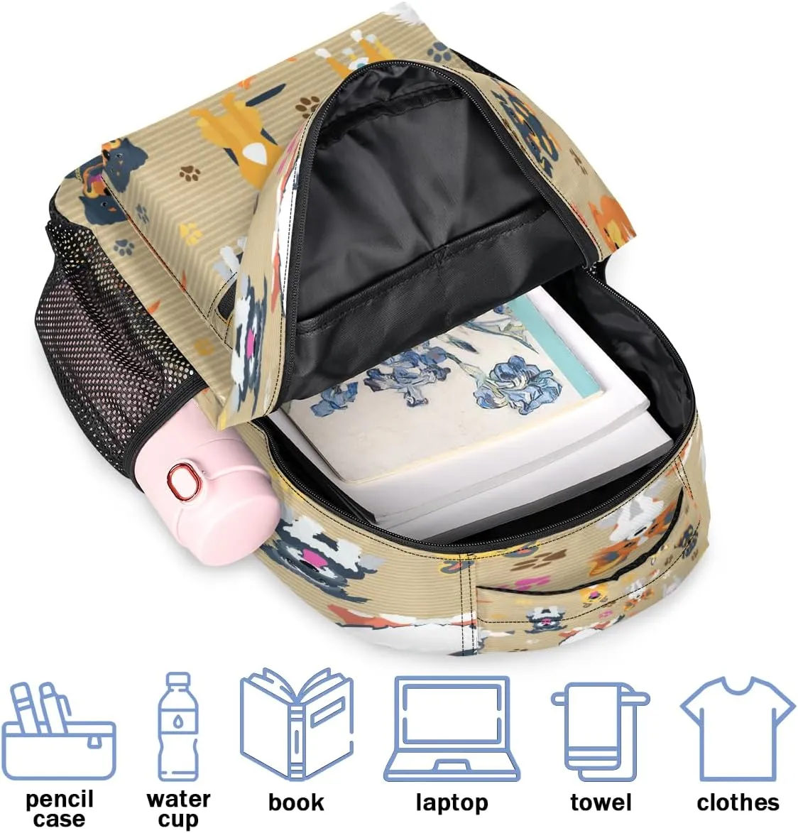 Backpack for Women Men, Dog Casual Backpacks, Waterproof Lightweight Dog Breeds Profiles Pets Daypack Bags for Travel Camping Work