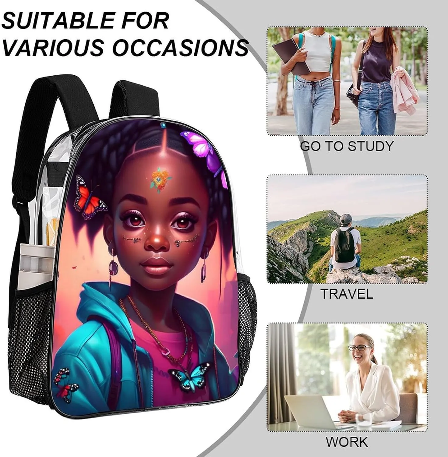 Backpack Multipurpose Anti-Theft Large Capacity Bookbag - African American Women Black Women Butterfly Flower Art Travel Hiking Daypack Transparent Bag