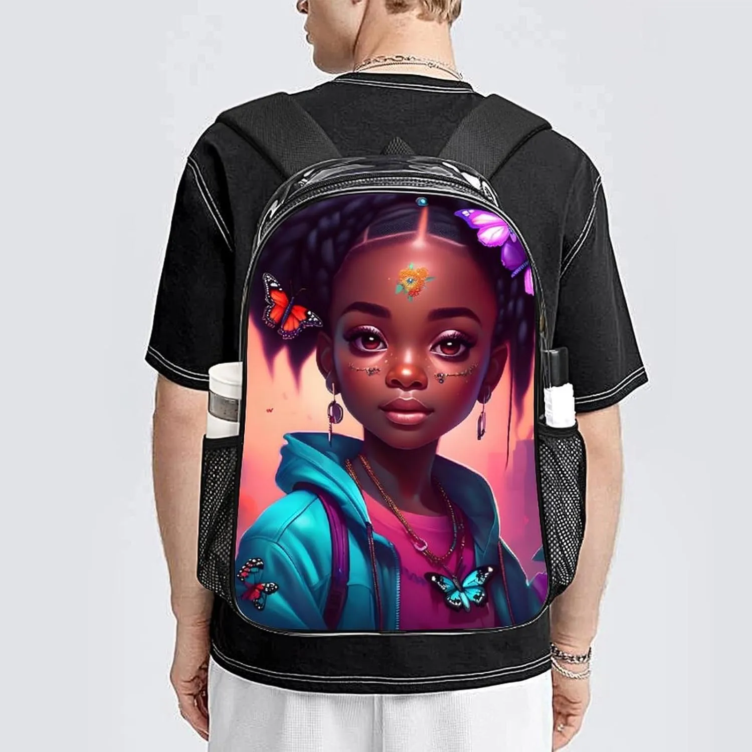 Backpack Multipurpose Anti-Theft Large Capacity Bookbag - African American Women Black Women Butterfly Flower Art Travel Hiking Daypack Transparent Bag