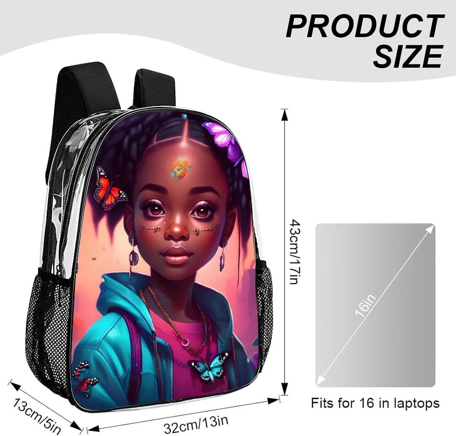 Backpack Multipurpose Anti-Theft Large Capacity Bookbag - African American Women Black Women Butterfly Flower Art Travel Hiking Daypack Transparent Bag