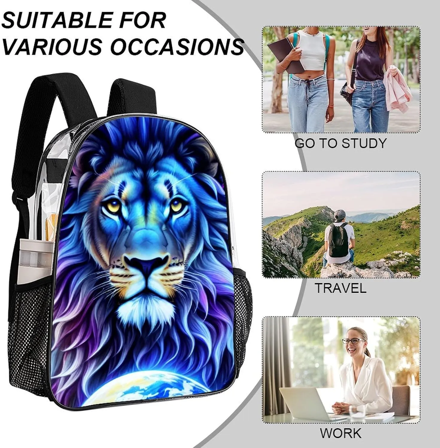 Backpack Multipurpose Anti-Theft Large Capacity Bookbag - Cool Lion In The Universe Surreal Style Art Travel Hiking Daypack Transparent Bag