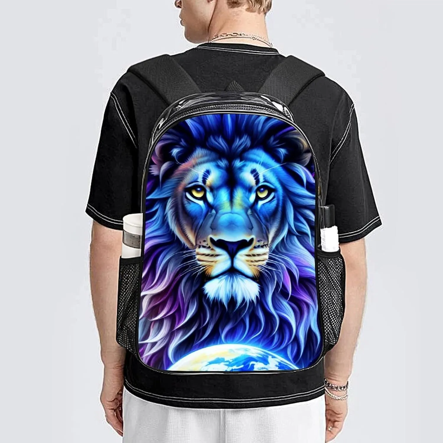 Backpack Multipurpose Anti-Theft Large Capacity Bookbag - Cool Lion In The Universe Surreal Style Art Travel Hiking Daypack Transparent Bag
