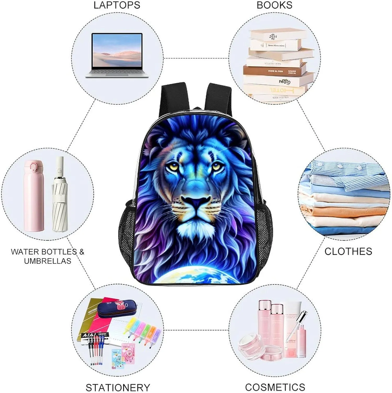 Backpack Multipurpose Anti-Theft Large Capacity Bookbag - Cool Lion In The Universe Surreal Style Art Travel Hiking Daypack Transparent Bag
