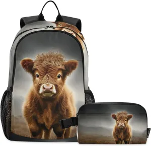 Backpack with Lunch Box Cow Grassland Closeup Daypack Shoulder Bag with Lunch Bag Set for Women Men Book Bag with Laptop Compartment and Insulated Lunch Bag