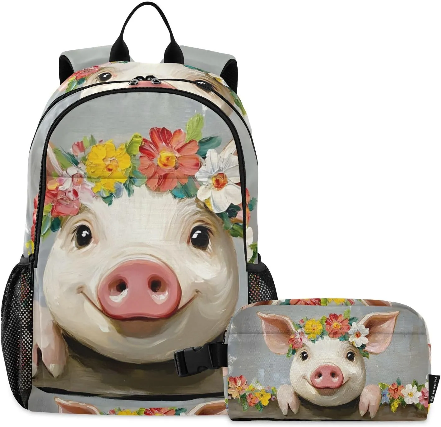 Backpack with Lunch Box Garland Pig Fence Daypack Shoulder Bag with Lunch Bag Set for Women Men Book Bag with Laptop Compartment and Insulated Lunch Bag