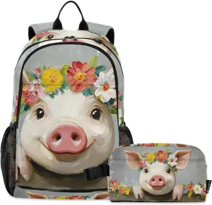 Backpack with Lunch Box Garland Pig Fence Daypack Shoulder Bag with Lunch Bag Set for Women Men Book Bag with Laptop Compartment and Insulated Lunch Bag
