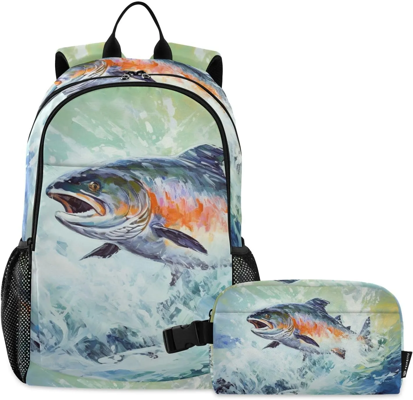 Backpack with Lunch Box Trout Jump From Water Daypack Book Bag Shoulder Bag with Lunch Bag Set for Women Men Laptop Travel Daypack