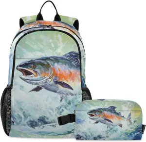 Backpack with Lunch Box Trout Jump From Water Daypack Book Bag Shoulder Bag with Lunch Bag Set for Women Men Laptop Travel Daypack