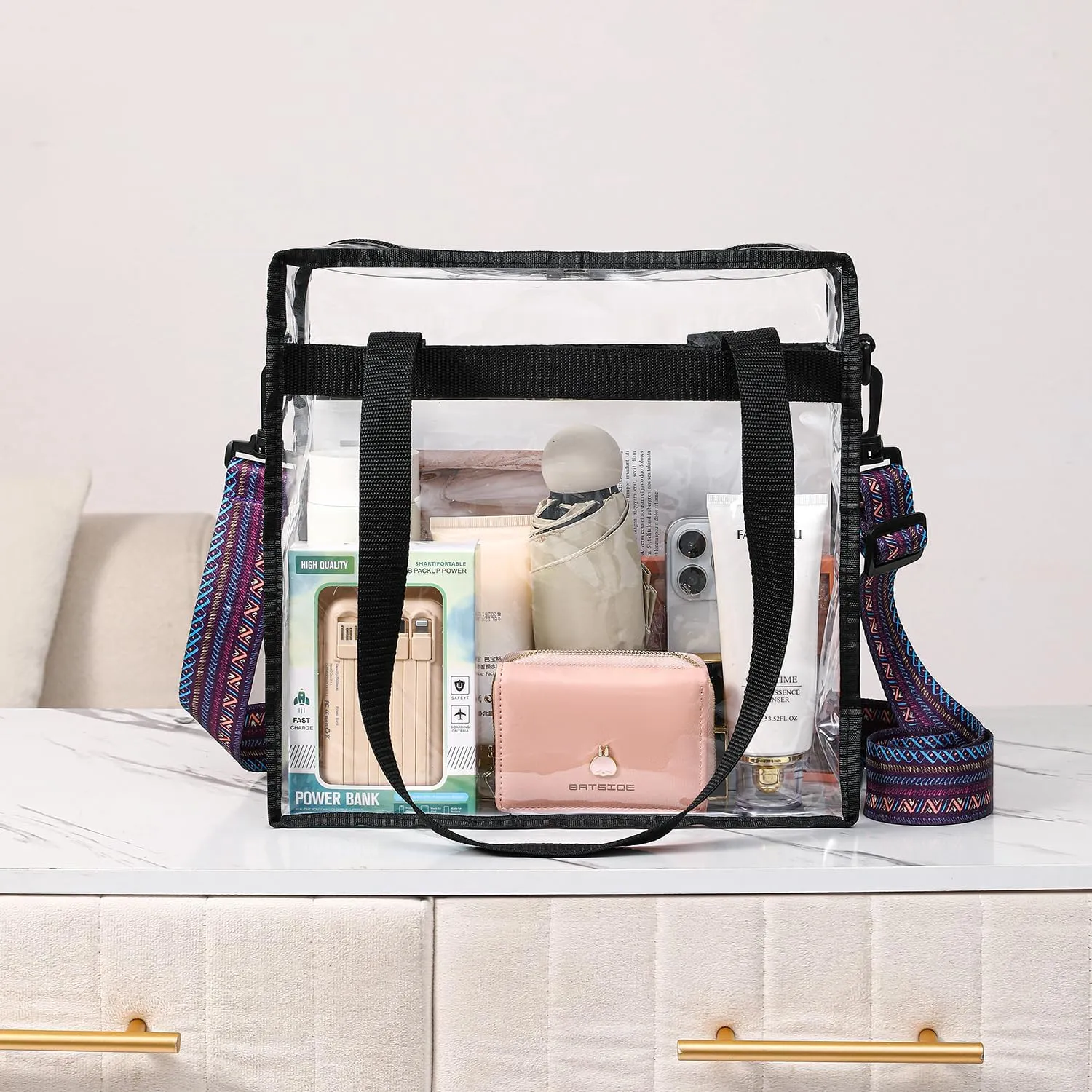 BAGAIL Clear Bags Stadium Approved Clear Tote Bag with Zipper Closure Crossbody Messenger Shoulder Bag with Adjustable Strap