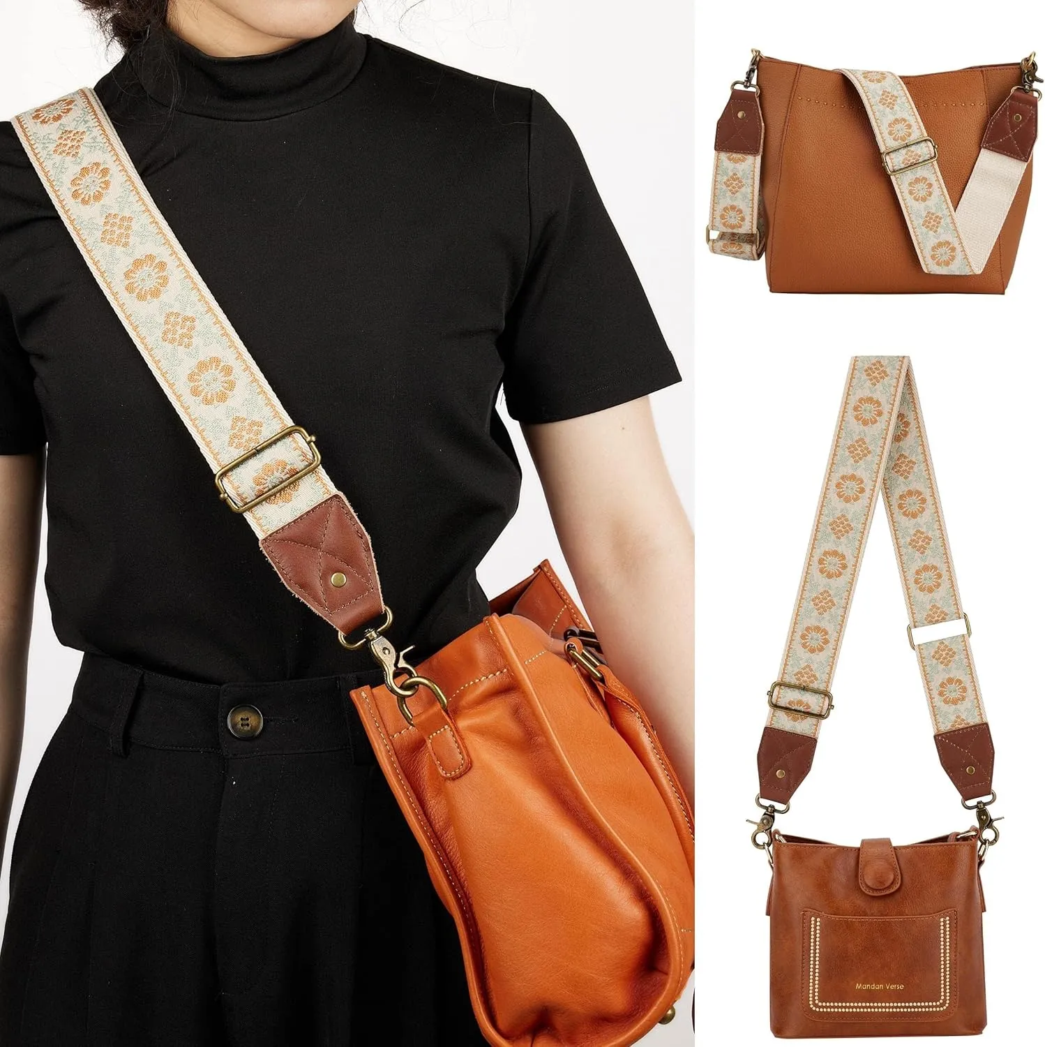 BAKKO Crossbody Strap Full Grain Leather Ends Brass Metal Hardware 2" Wide Replacement Shoulder Strap
