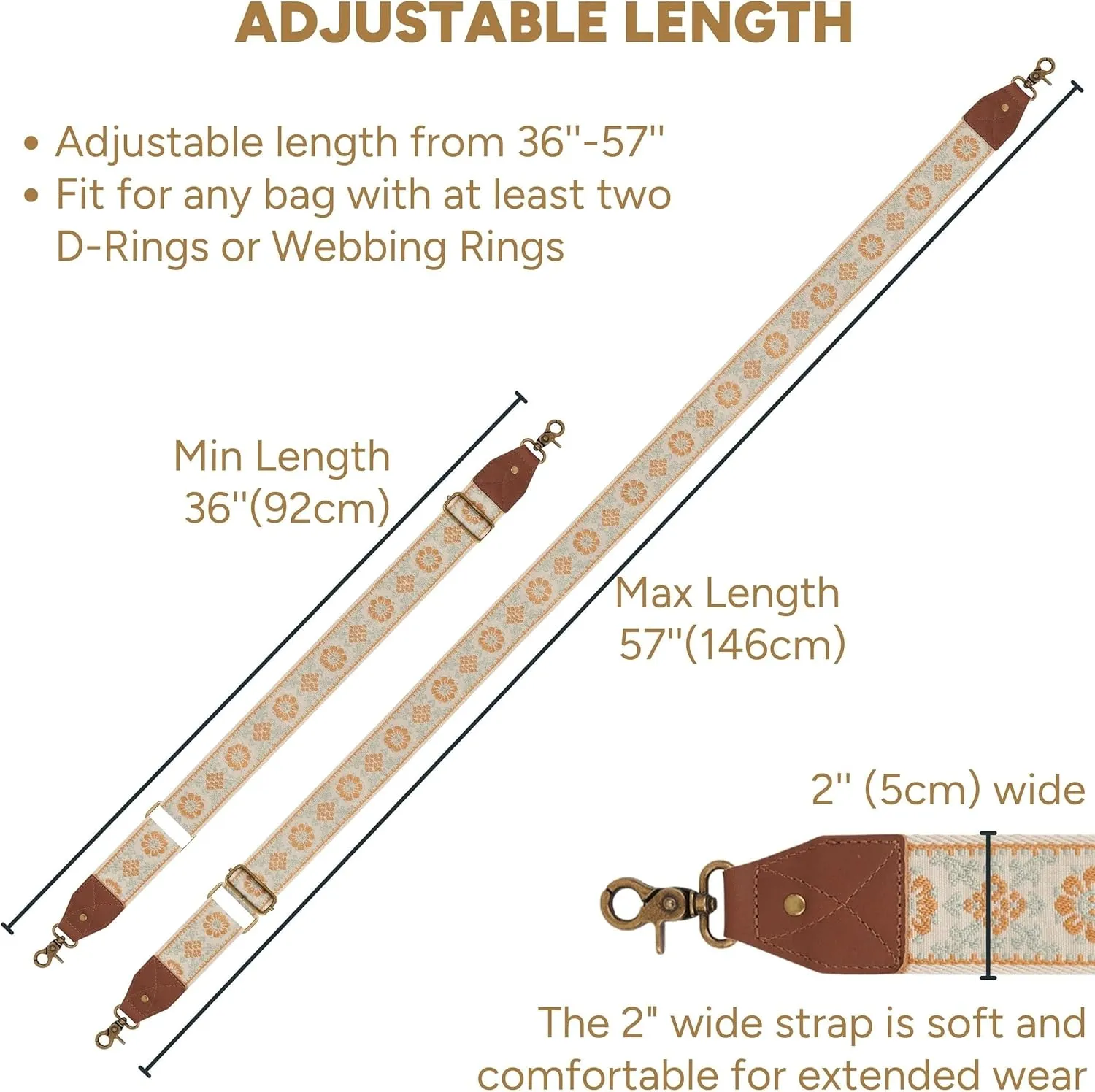 BAKKO Crossbody Strap Full Grain Leather Ends Brass Metal Hardware 2" Wide Replacement Shoulder Strap