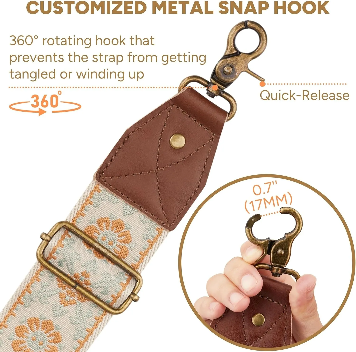 BAKKO Crossbody Strap Full Grain Leather Ends Brass Metal Hardware 2" Wide Replacement Shoulder Strap
