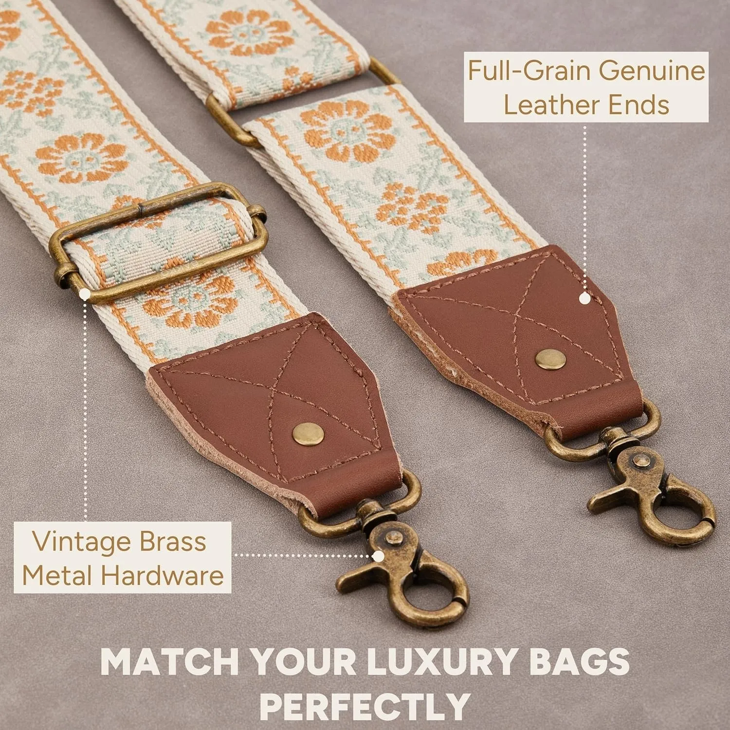 BAKKO Crossbody Strap Full Grain Leather Ends Brass Metal Hardware 2" Wide Replacement Shoulder Strap