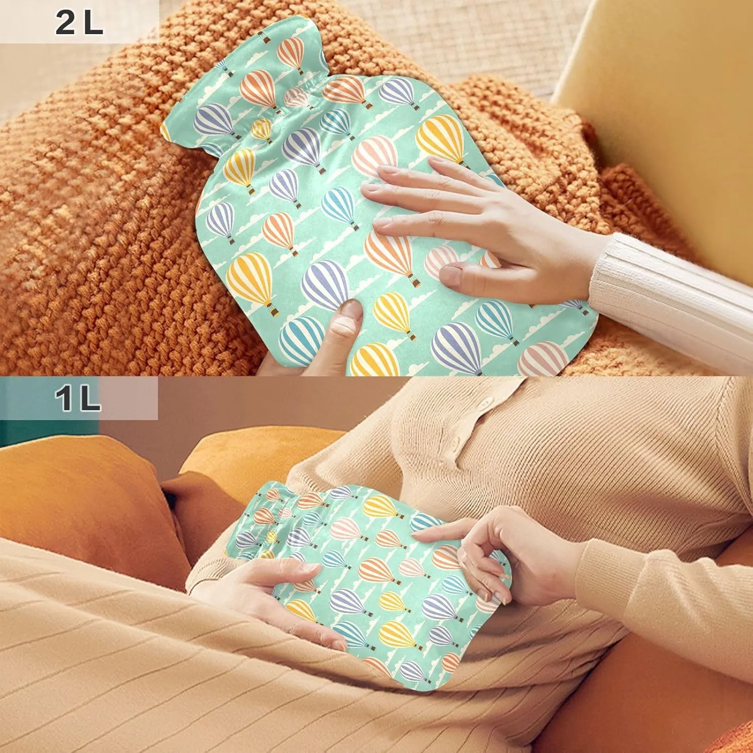 Balloon Mint Hot Water Bottle with Soft Cover 1L Cute Hot Water Bags Warm Water Bottle for Tummy Cramps Neck and Shoulder Waist Pain Relief
