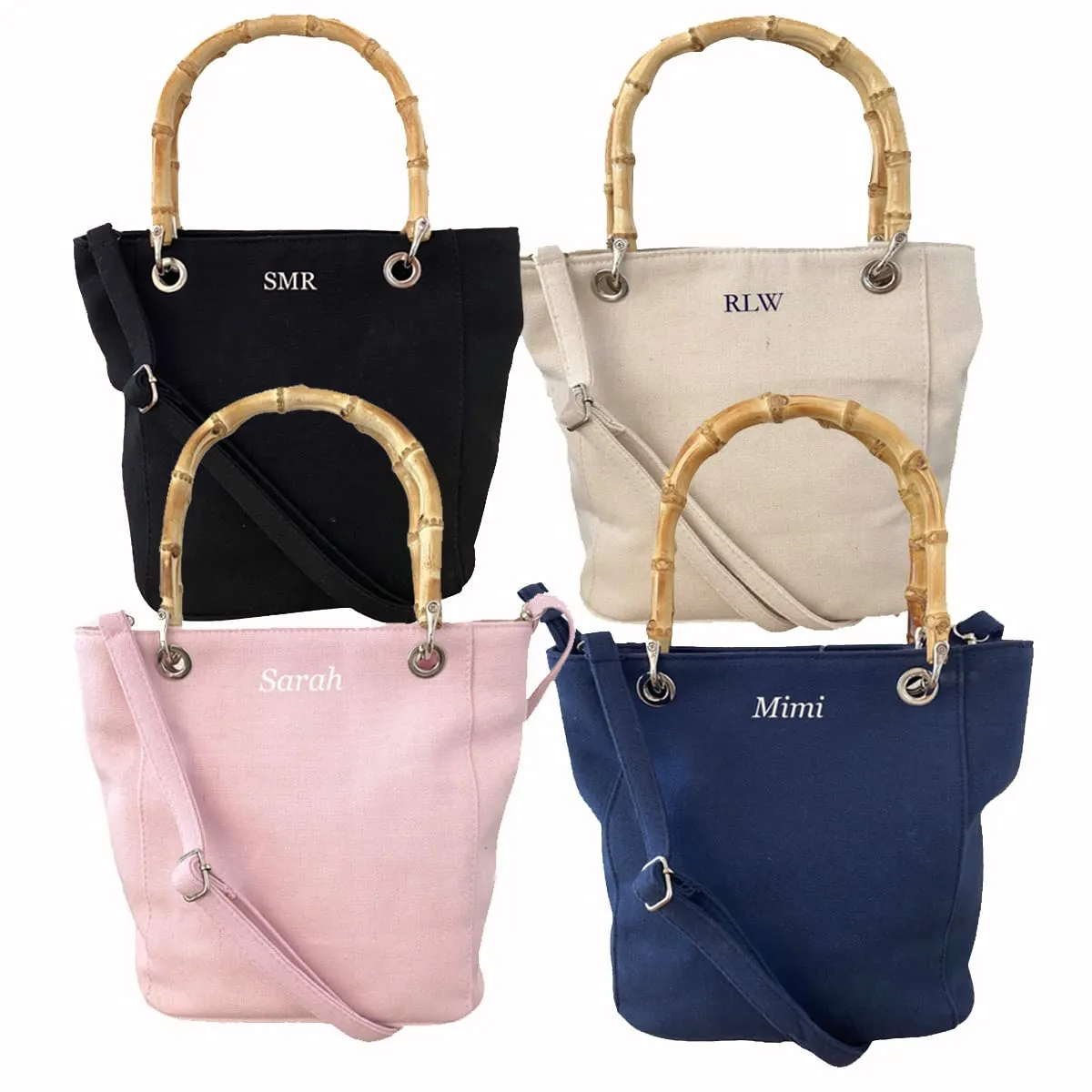 Bamboo Handle Bucket Bags - Crossbody Included - Personalized - Perfect Size - Coastal Style - Embroidered Monogram Included - FAST SHIPPING!