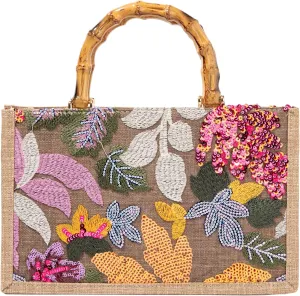 Bamboo Handle Sequin Embroidered Bag Floral Clutch Evening Handbag for Wedding Party