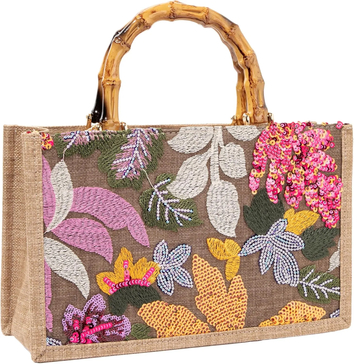Bamboo Handle Sequin Embroidered Bag Floral Clutch Evening Handbag for Wedding Party