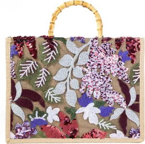 Bamboo Handle Sequin Embroidered Floral Tote Bag Evening Handbag for Wedding Party