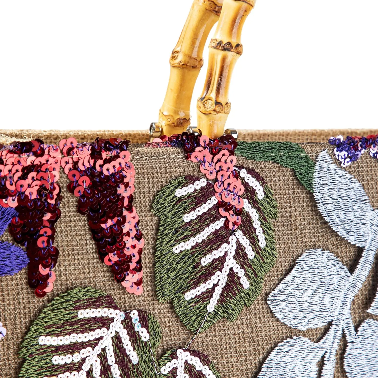 Bamboo Handle Sequin Embroidered Floral Tote Bag Evening Handbag for Wedding Party