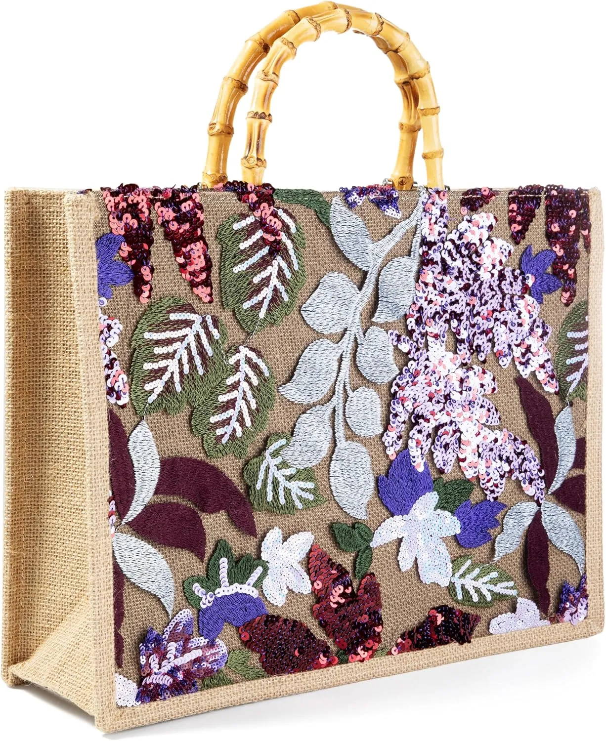 Bamboo Handle Sequin Embroidered Floral Tote Bag Evening Handbag for Wedding Party