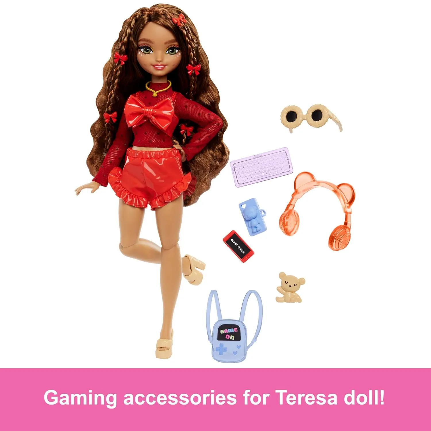 Barbie Dream Besties Doll & Accessories Playset, Teresa Posable Fashion Doll with Brown Hair & Hair Clips, 10 Video Game-Themed Pieces