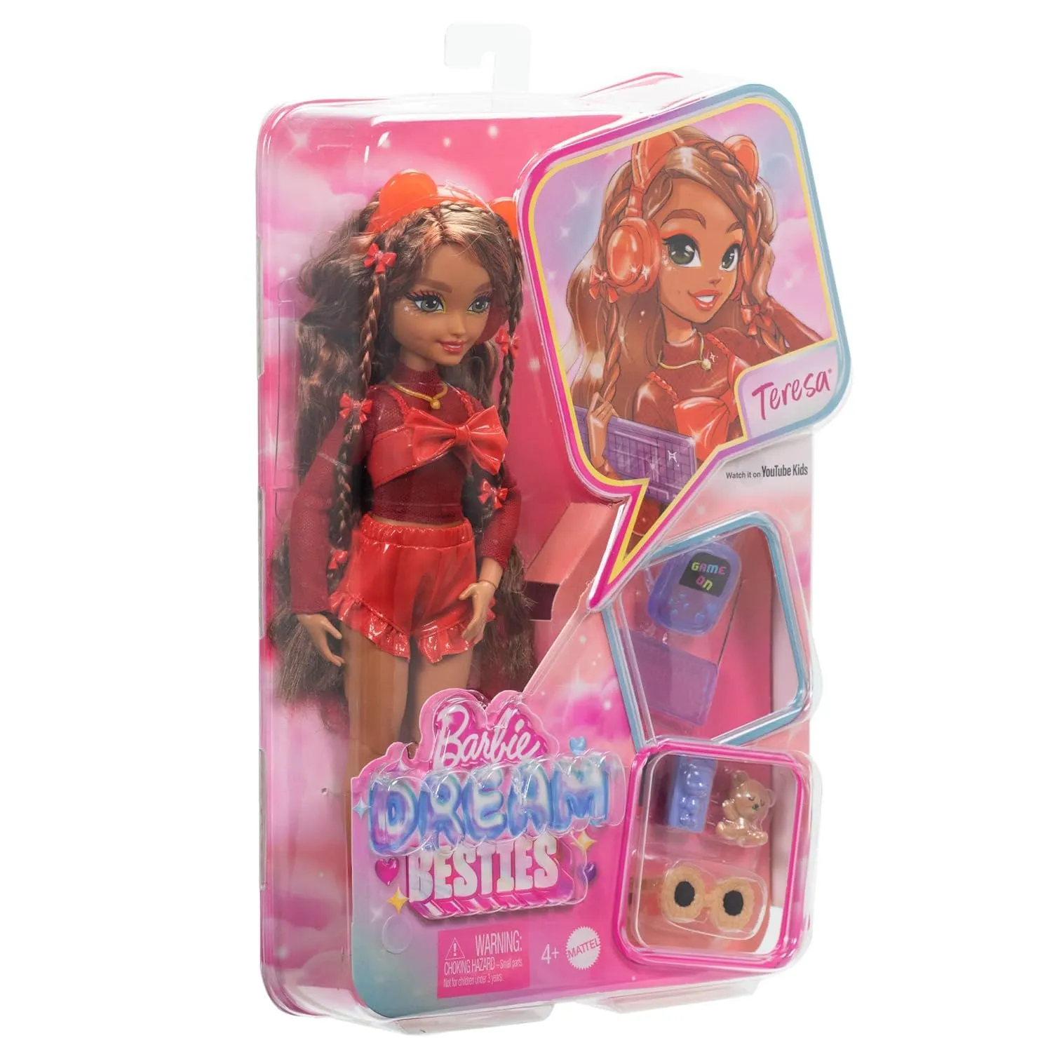 Barbie Dream Besties Doll & Accessories Playset, Teresa Posable Fashion Doll with Brown Hair & Hair Clips, 10 Video Game-Themed Pieces