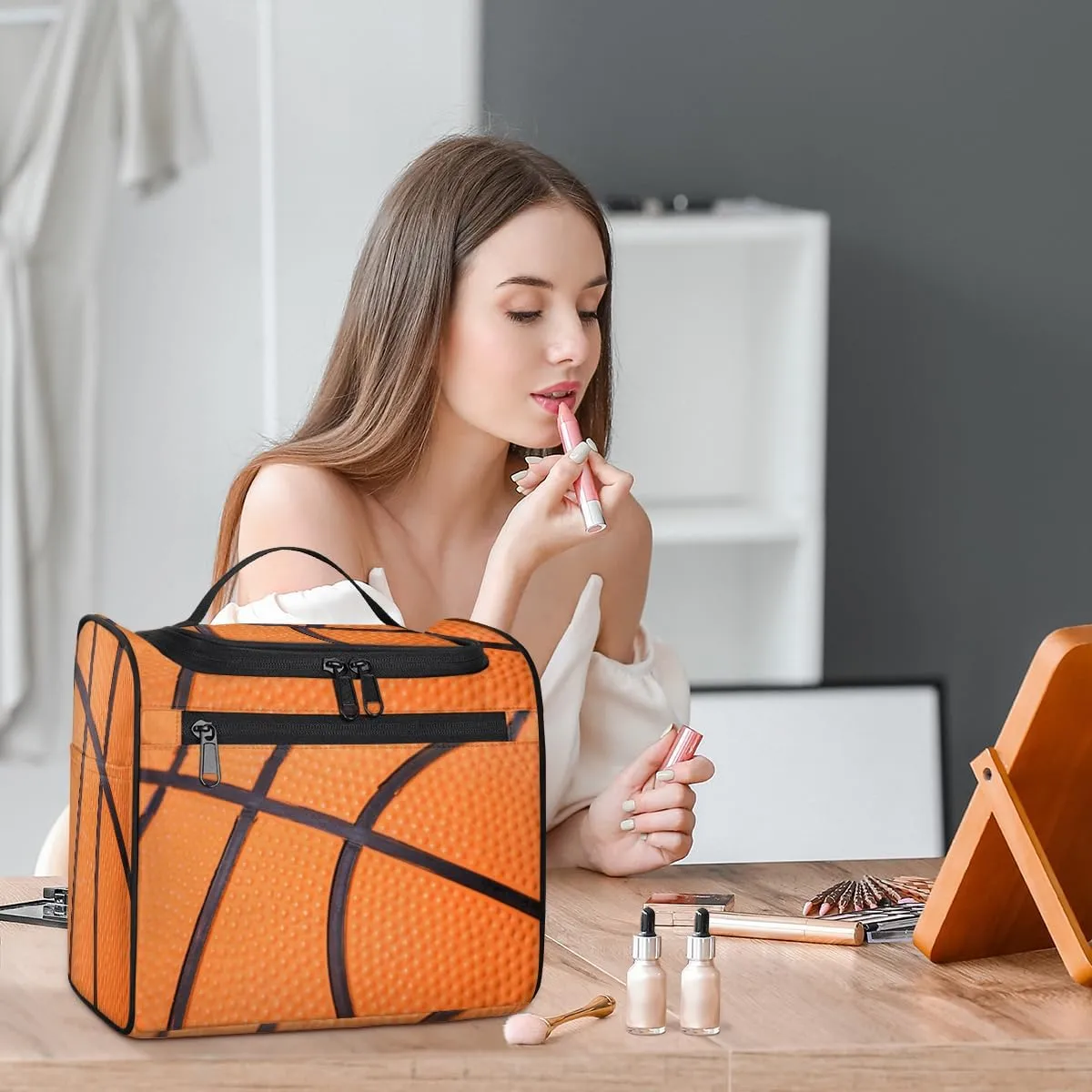 Basketball Line Large Capacity Toiletry Travel Makeup Bag for Women Men, Sport Ball Portable Waterproof Cosmetic Make up Case Organizer Bathroom Shower Bag with Handle Travel Accessories