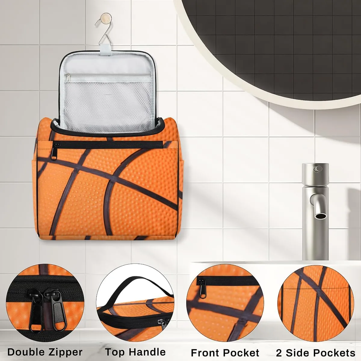 Basketball Line Large Capacity Toiletry Travel Makeup Bag for Women Men, Sport Ball Portable Waterproof Cosmetic Make up Case Organizer Bathroom Shower Bag with Handle Travel Accessories