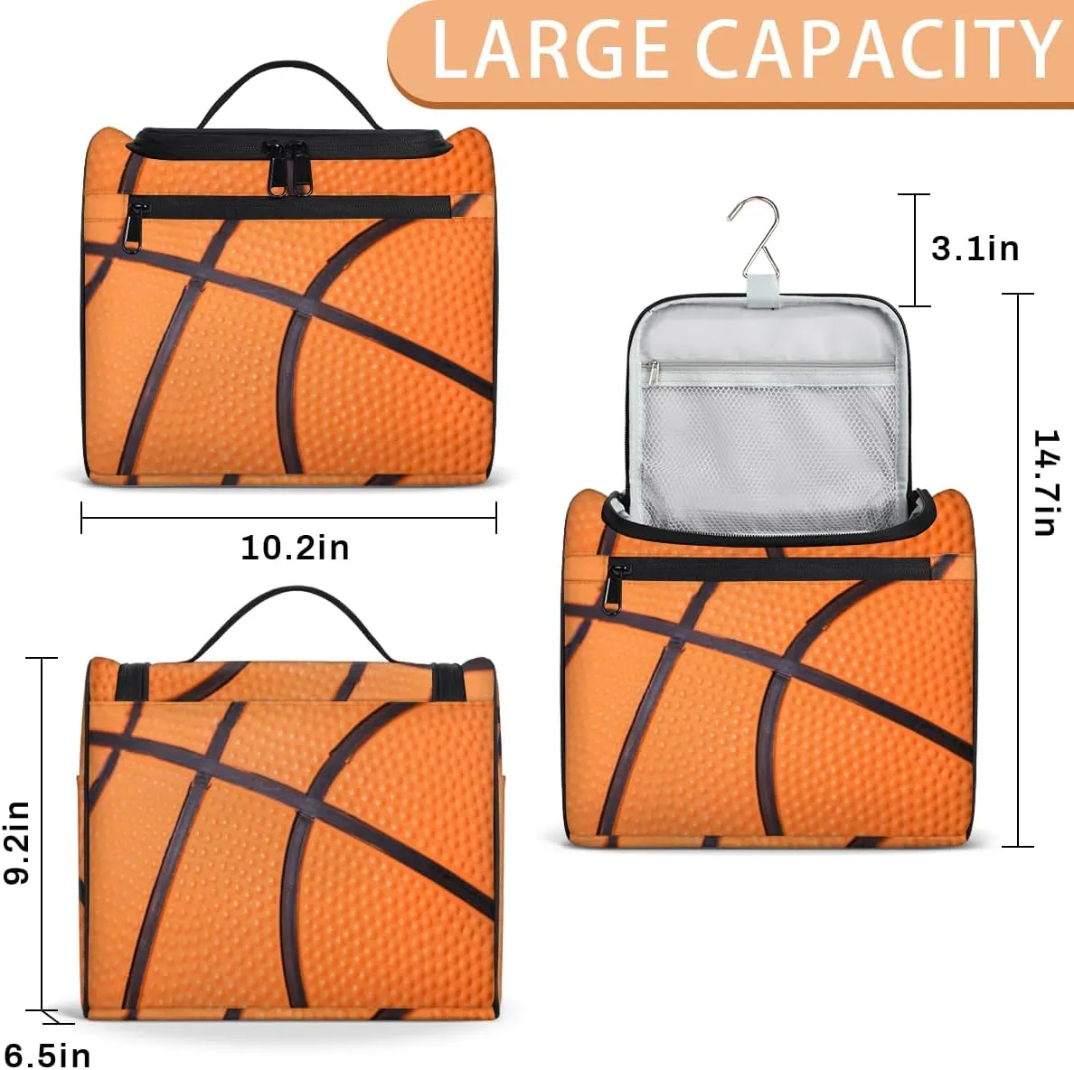 Basketball Line Large Capacity Toiletry Travel Makeup Bag for Women Men, Sport Ball Portable Waterproof Cosmetic Make up Case Organizer Bathroom Shower Bag with Handle Travel Accessories