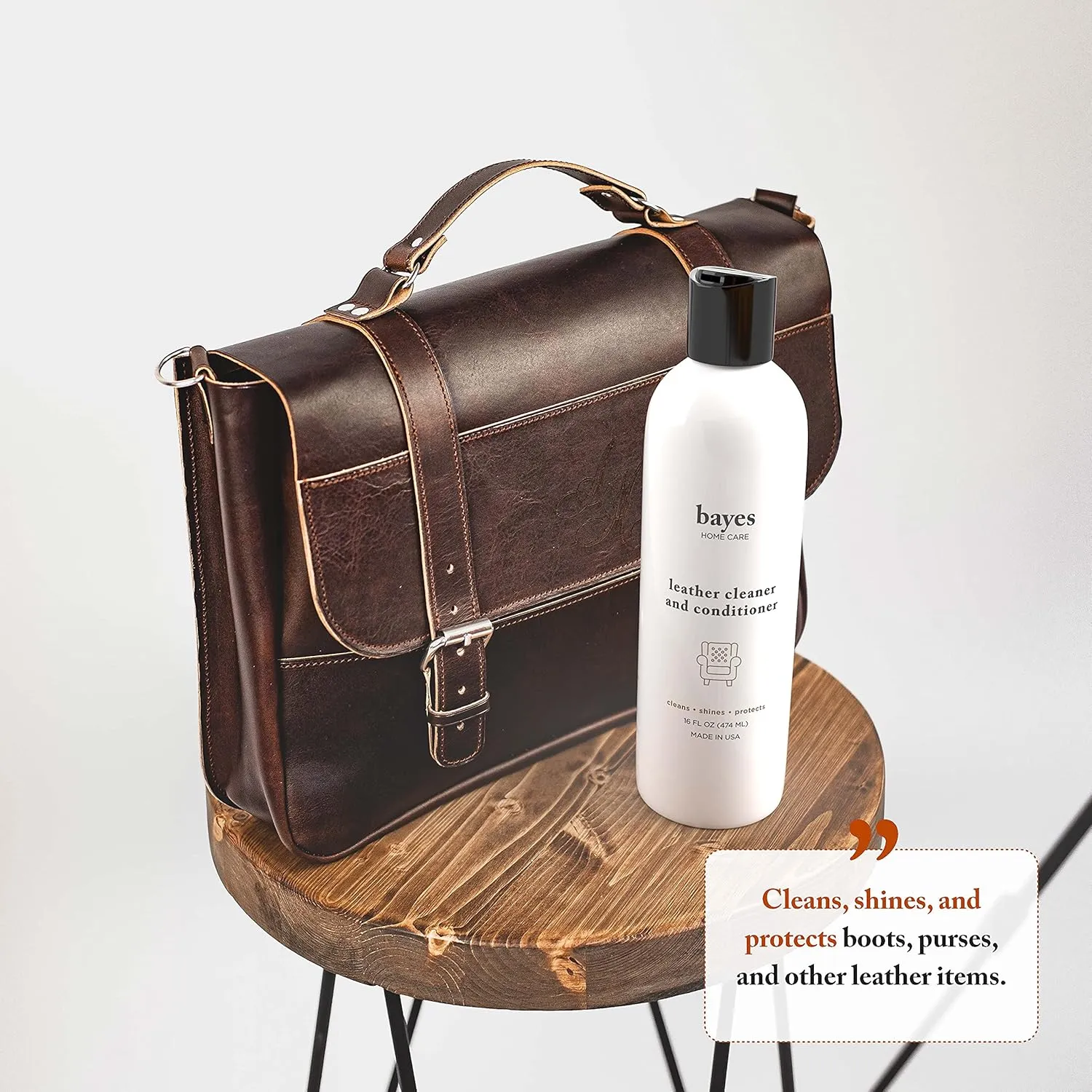 Bayes Premium High Performance Leather Upholstery Cleaner and Conditioner - 16 oz - Prevents Drying, Cracking or Fading of Leather Couches, Car Seats, Shoes, Purses