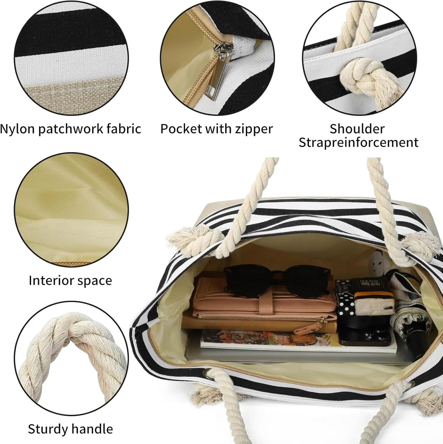 Beach Bags for Women Large Waterproof Tote Bag with Zipper Lightweight Canvas Reusable Grocery Shopping Shoulder Bag