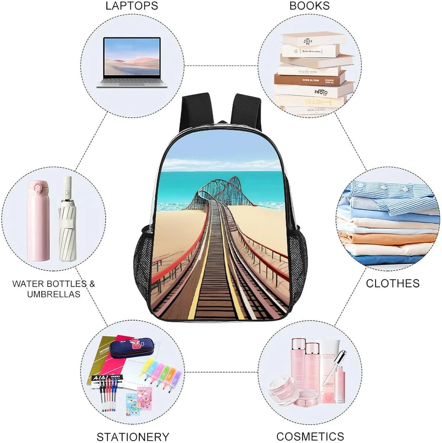 Beach Roller Coaster Art Rucksacks Transparent Anti-Theft Multipurpose Carry On Bag Large Capacity Gym Outdoor Hiking Backpack With Smooth Zippers