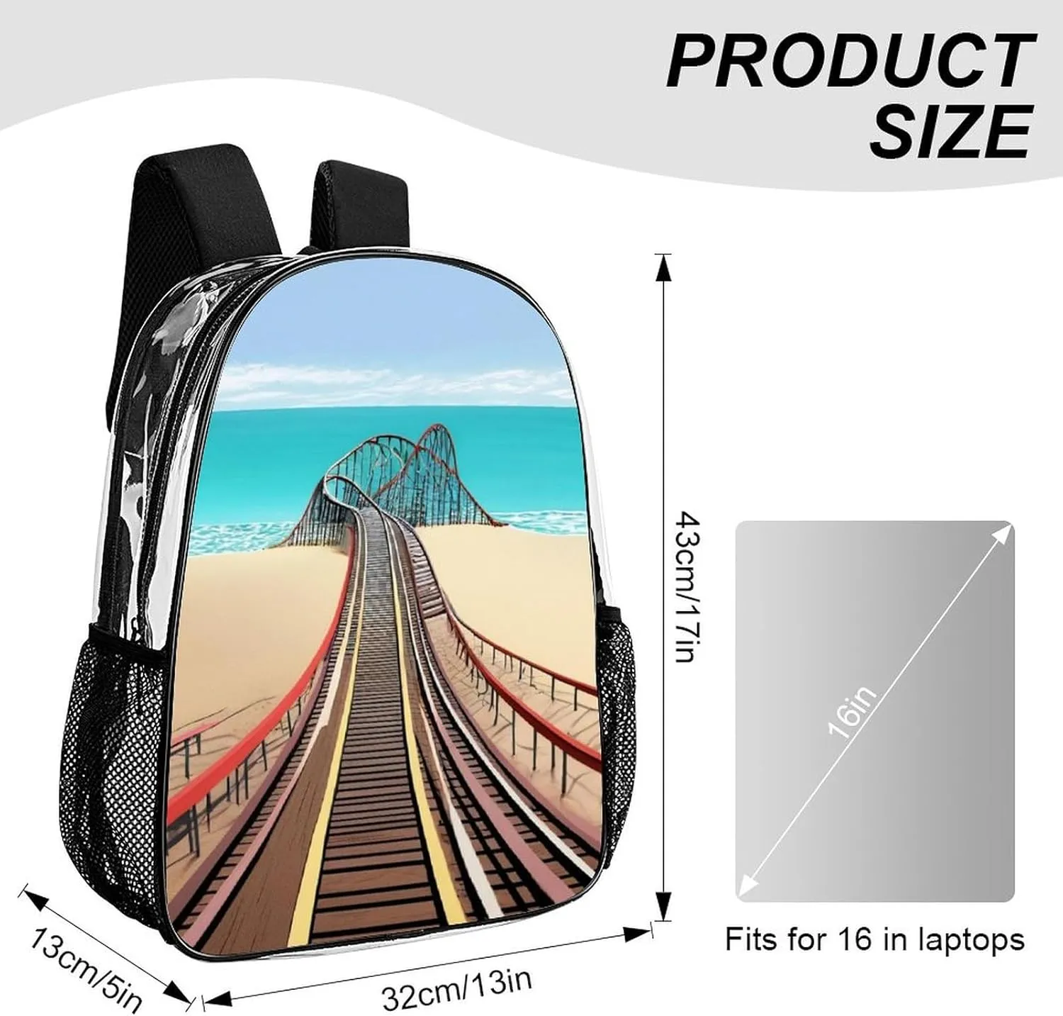Beach Roller Coaster Art Rucksacks Transparent Anti-Theft Multipurpose Carry On Bag Large Capacity Gym Outdoor Hiking Backpack With Smooth Zippers