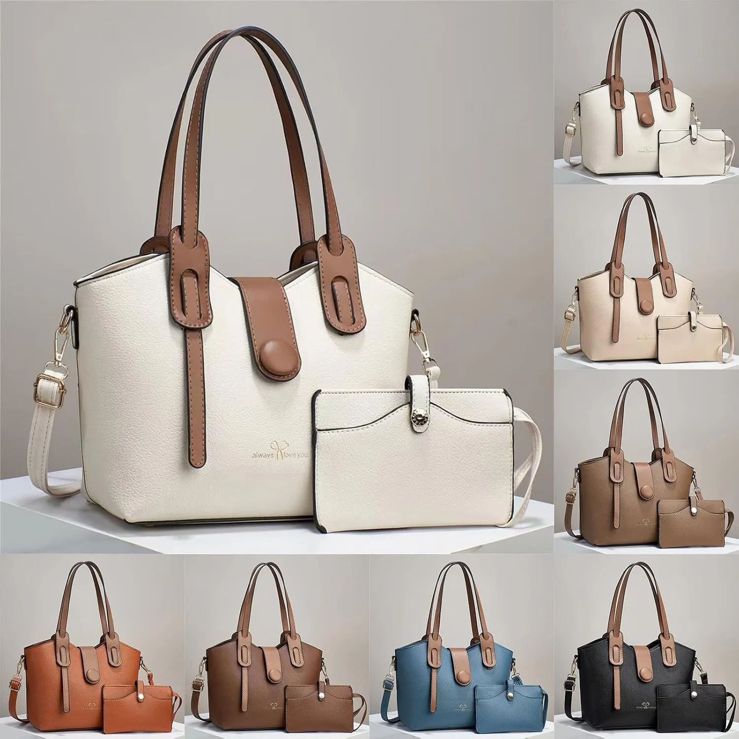 Beach Tote Bag 4 Packet Solid Color Leather Handbags Shoulder Bags Crossbody Hobo Bags Card Purse Work Travel Essential H